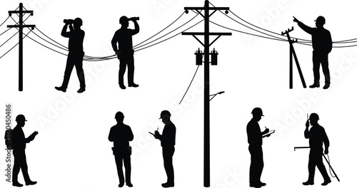 "Silhouette utility workers maintaining electrical power lines on poles with tools, safety gear, transformers, streetlight, teamwork, inspection, repair illustration"
