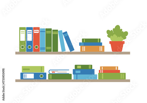 Two shelves hold colorful books folders and a potted plant against a white backdrop