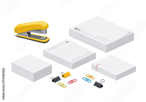 Yellow stapler paper stacks and clips create an office scene