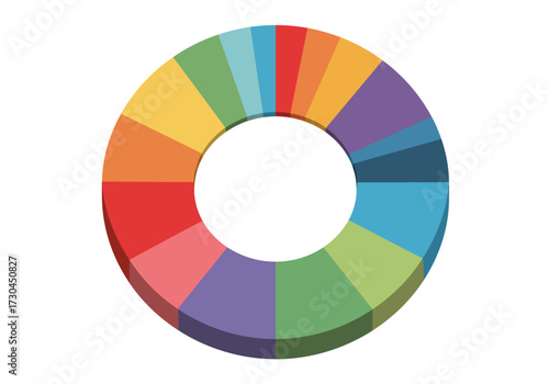 A colorful 3D ringshaped pie chart with a white hole in the middle The chart is divided into slices of different colors