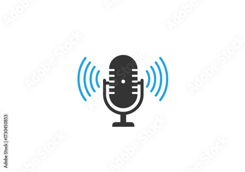 A dark microphone with soundwaves on a white background