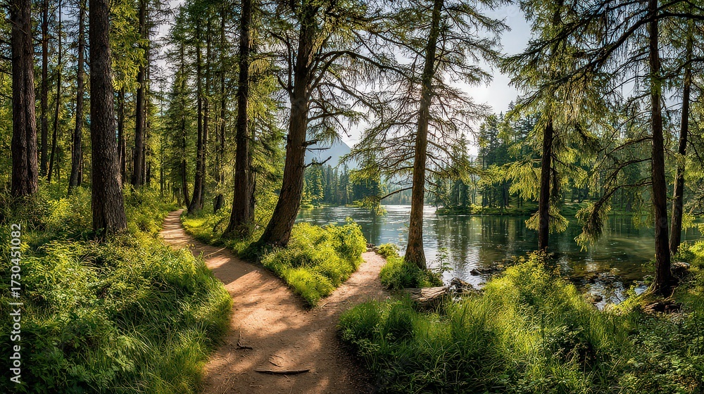 Fototapeta premium Forest Path Leading To Mountain Lake