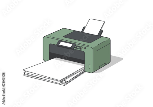 A green printer outputs paper on a white background with buttons and a small screen visible