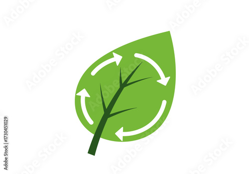 A green leaf with a dark green stem has three white circular arrows