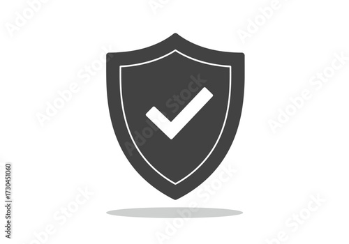 A grey shield with a white border contains a white check mark inside and a shadow underneath