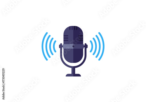 A purple microphone with blue sound waves on a white background