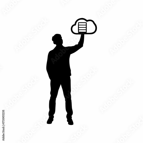 Silhouette of cloud system admin checking storage capacity chart isolated on white background
