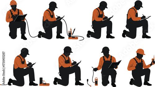 Electrician technician worker performing electrical testing, inspection, safety procedures, documentation, using multimeter, clamp meter, clipboard, protective gear, vector illustration
