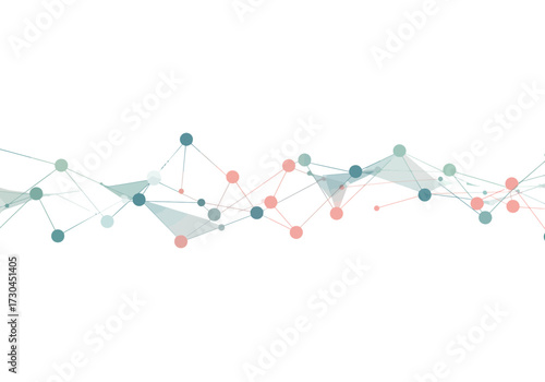 Abstract design with interconnected nodes and lines forming geometric shapes in shades of blue green and pink against a white backdrop