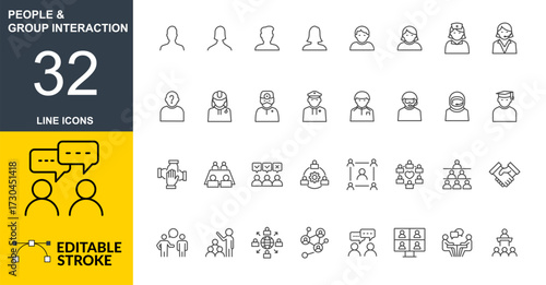 People and Group Interaction Line Icons Set – Editable Stroke Outline Icons.  Teamwork, Communication, Collaboration, Meeting Vector Collection, Minimal Team, Community, Organization Line Icons 
