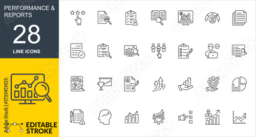 Performance and Reporting 28 Line Icons – Editable Stroke Vector Set, Analytics, Report, KPI & Data Icons Collection, Thin Line Style