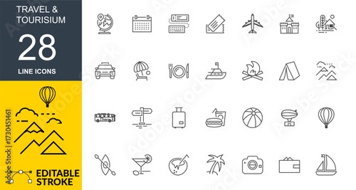 Travel and Tourism Line Icons – Editable Stroke Vector Set. Tour, Adventure, Holiday, Summer, Transportation, Booking Line Icons Collection, Travel Destinations, Landmarks, Journey, Beach Icon Pack