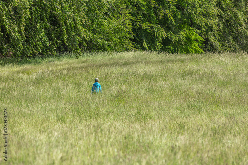 Girl running and jumping in a field