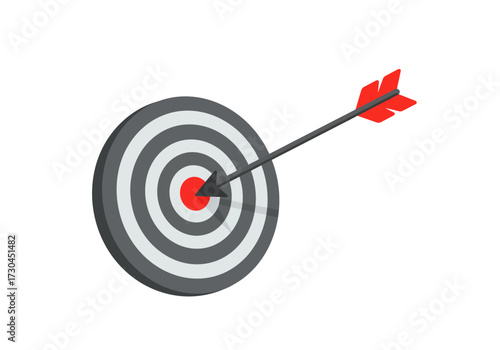An arrow hits the bullseye of a target with gray and white circles and a red center