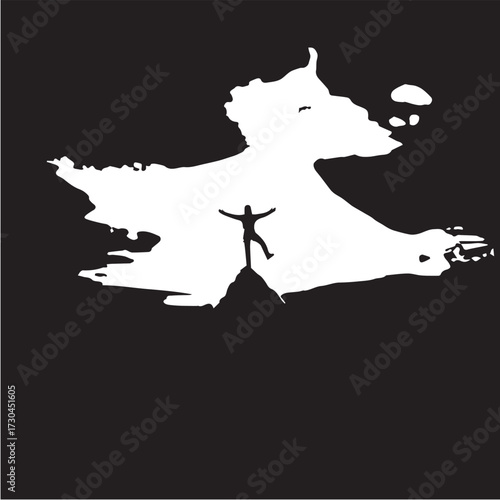 Silhouette of Person on Mountain Peak with Outstretched Arms Against Bull Head Shape