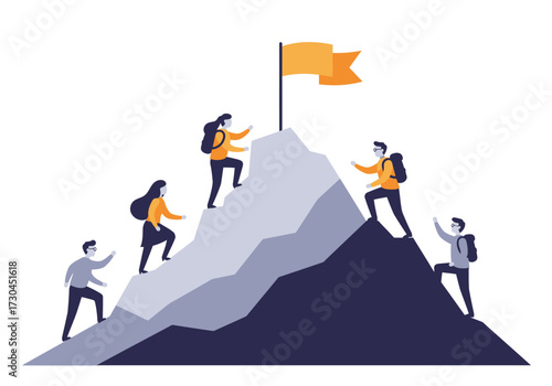 Cartoon figures climbing a mountain with a flag at the peak