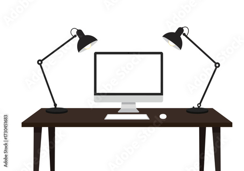Desk scene monitor lamps mouse keyboard on dark table against white background