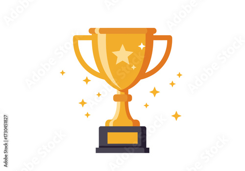 Gold trophy with a star on its surface surrounded by small yellow stars on a white background