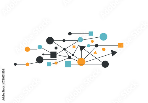 Geometric design with connected shapes circles squares triangles lines dots in shades of blue orange and black on white