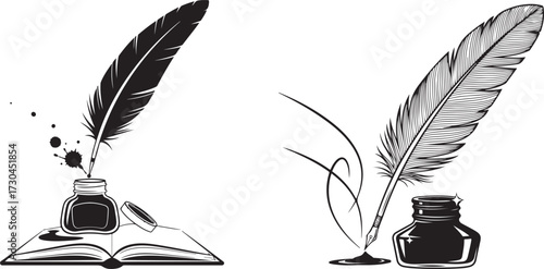 Ink Feather Pens and Inkwells in Vintage Style