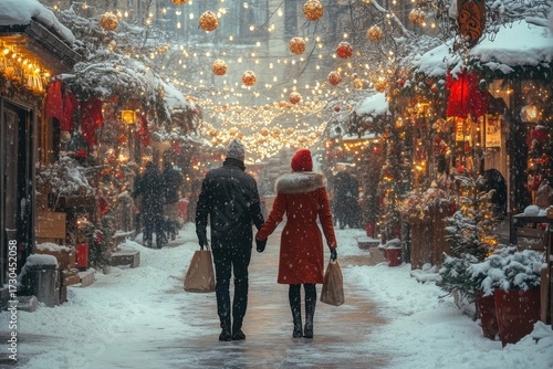 Couple walking down snowy city street.