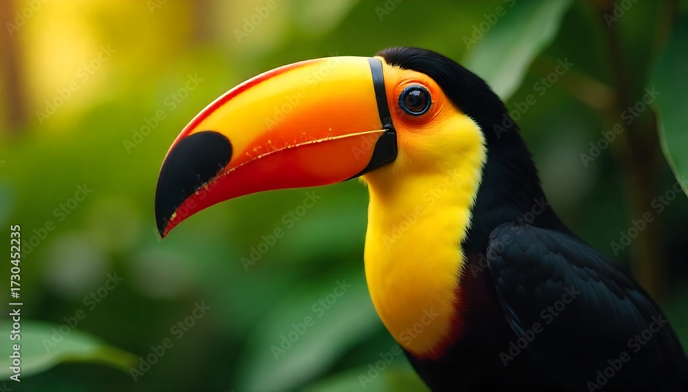 Naklejka premium Vibrant toucan with striking colorful beak perches amidst lush green foliage, a symbol of exotic wildlife and tropical beauty.