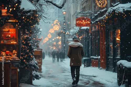 Person walking down snowy street.