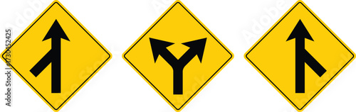 Yellow diamond road sign set vector including lane merge from left, right, and two-lane junction.