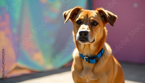 Adorable golden retriever mix dog with bright blue collar looking attentively into camera, radiating warmth and companionship against vibrant abstract background