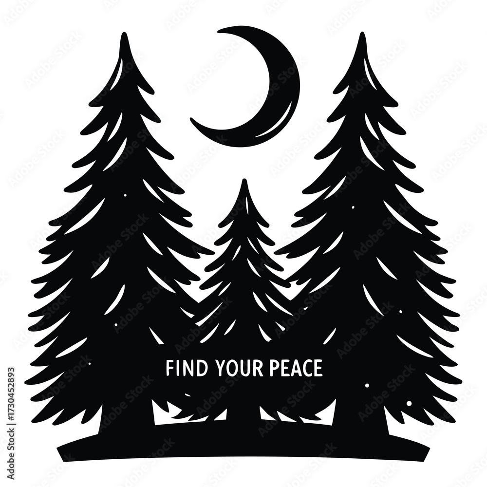 Obraz premium Stylized Evergreen Forest Scene with a Crescent Moon and Peace Message