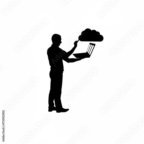 Silhouette of cloud system admin deploying containerized apps isolated on white background