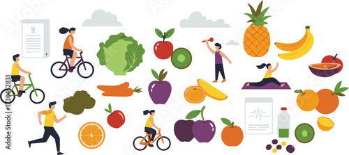 Healthy lifestyle choices with vibrant fruits, vegetables, exercise, and outdoor activities promoting wellness and balanced living for a fresh, energetic feel