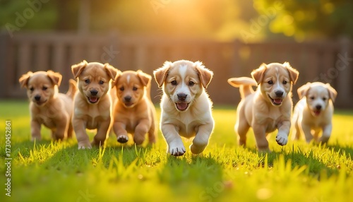 Joyful puppies race across sunlit green grass creating heartwarming moments of pure, unadulterated happiness and playful energy
