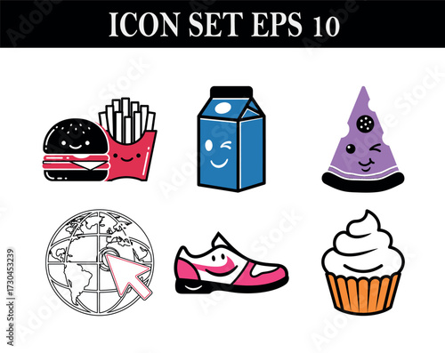 Vector art of icon set of cute food and objects, eps 10 format