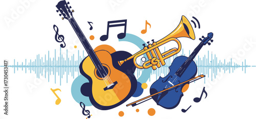 Celebrate the power of music with this vibrant guitar, trumpet, and violin artwork perfect for concerts, bands, or musical events promotion, inspiring creativity