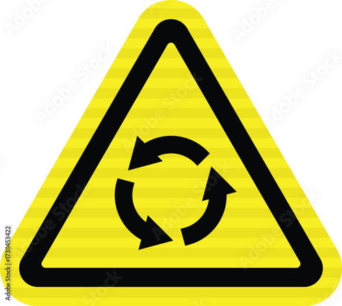 Yellow warning sign vector with circular arrow symbol inside striped triangle.
