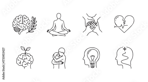 Abstract sketch icons representing mental health spirituality connection ideas business and growth vector