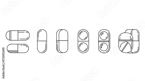 Hand drawn pharmaceutical capsules and pills set medical healthcare concept simple sketch style vector
