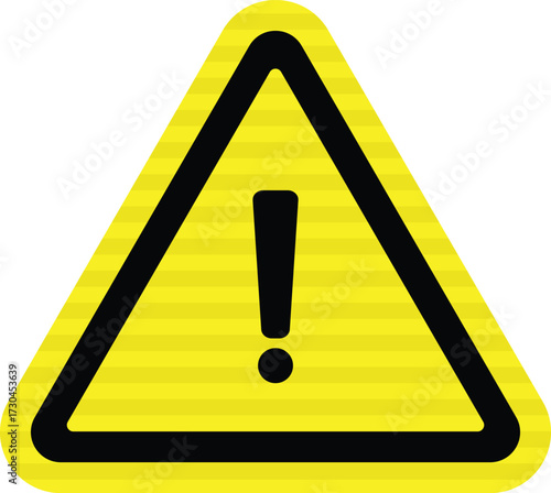 Yellow warning sign vector with black exclamation mark inside striped triangle.