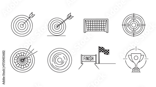 Set of hand drawn circular target and goal icons with trophy and flag sketches vector