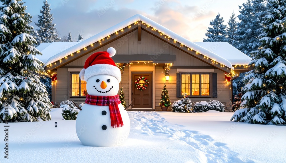 Obraz premium Snowman welcomes you to cozy home festive Christmas lights