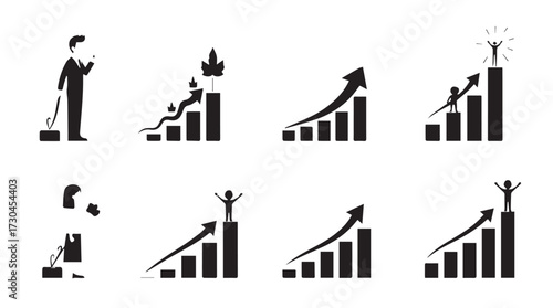 Set of business growth charts showing success progress and financial gains with happy people vector