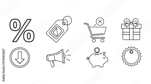 Hand drawn icons representing shopping sale discounts promotions and savings for commerce vector