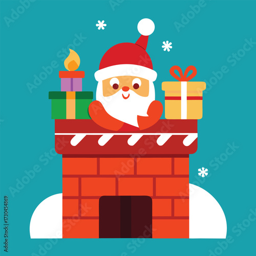 Cartoon Santa Claus peeking over a brick chimney with gifts and snowflakes Keywords: Santa Claus, Christmas, chimney, brick, gifts, presents, snow