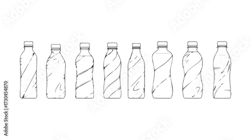 Hand drawn collection of various shaped glass bottles and jars outline sketch isolated vector