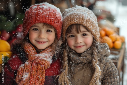 young girls in winter clothing and hats.