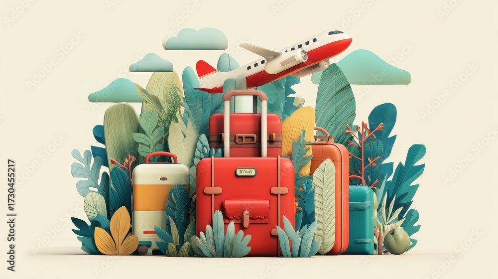 Naklejka premium Travel and tourism concept, ravel bag with plane, Airplane flying above tourists luggage, Illustrator Artwork.