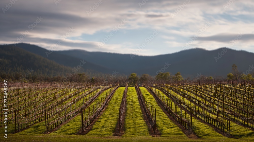 Fototapeta premium Serene vineyard landscape with orderly grapevine rows under natural sunlight, evoking tranquility and growth.