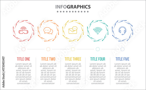 Vector Infographic design with icons. process diagram, flow chart, info graph, Infographics for business concept, presentations banner, workflow layout. 5 options or 5 steps. Horizontal Steps