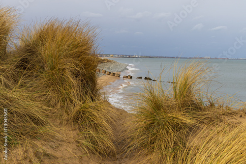 Coastal scene of a beach near Seaton Carew, Hartlepool, County Durham, England, UK.